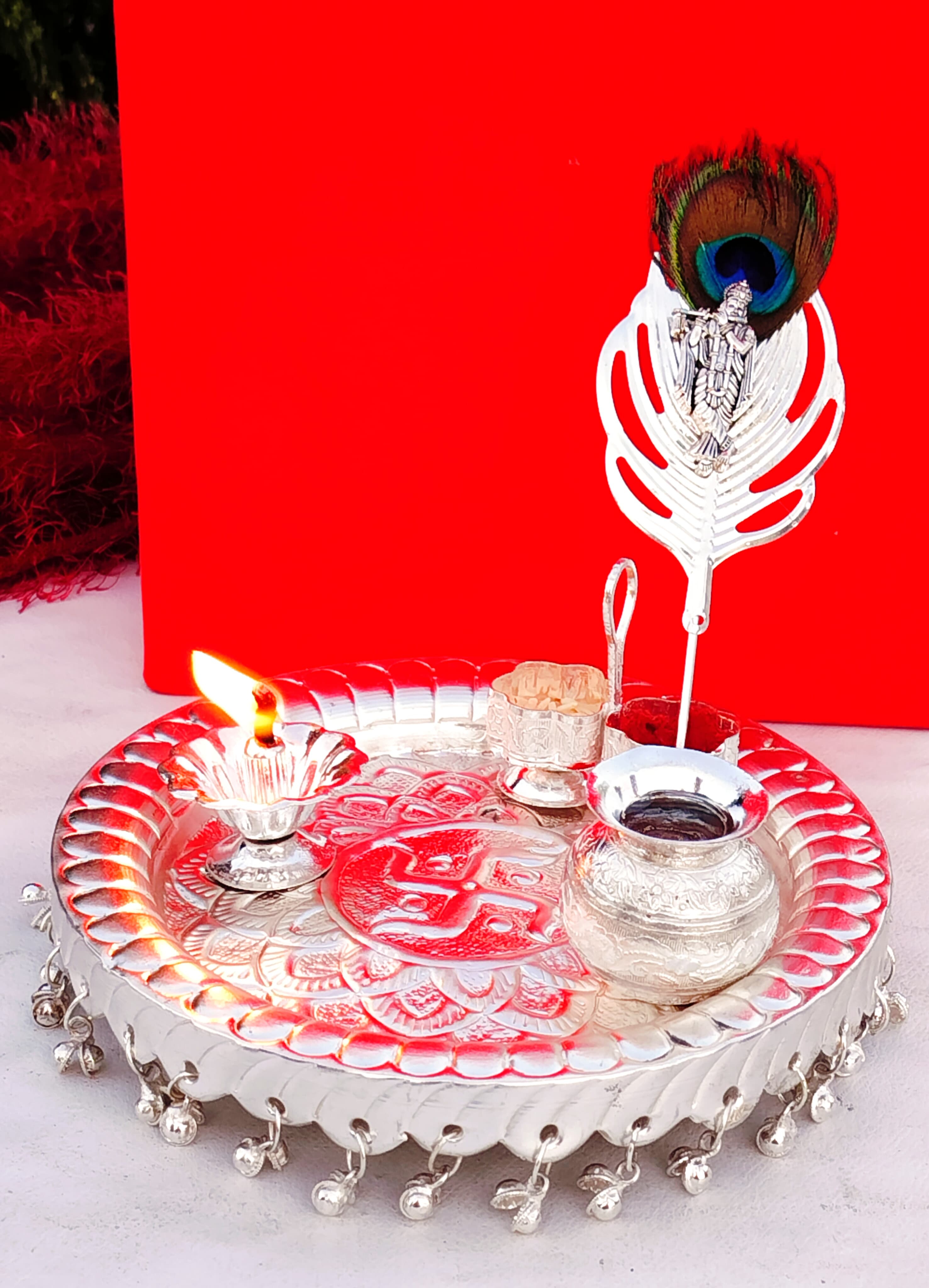 German silver Ghungaru aarti thali set with peacock feather flute Krishna Tilak stick